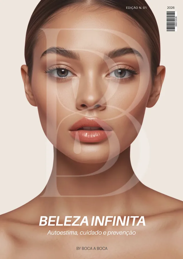 Capa do catálogo Beleza Infinita, edição n.º 1 de 2026: rosto de mulher com o monograma da marca em transparência e o lema «Autoestima, cuidado e prevenção»