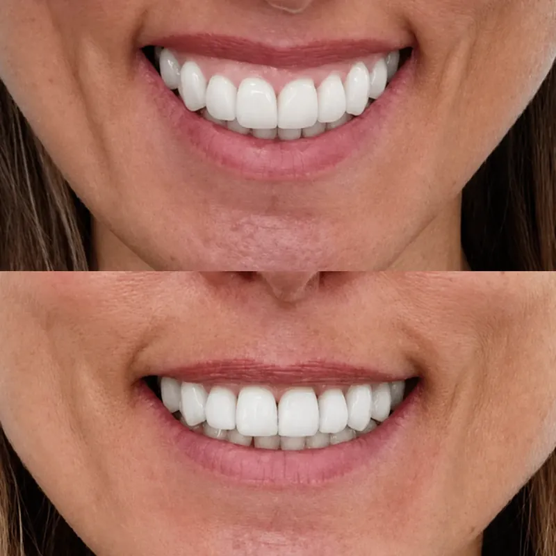 Sorriso gengival antes (em cima) e depois (em baixo) do tratamento com toxina botulínica: depois, o lábio superior sobe menos e a gengiva quase não se vê.